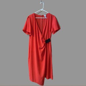 Red v-neck wrap dress asymmetrical hem - US Womens' 12